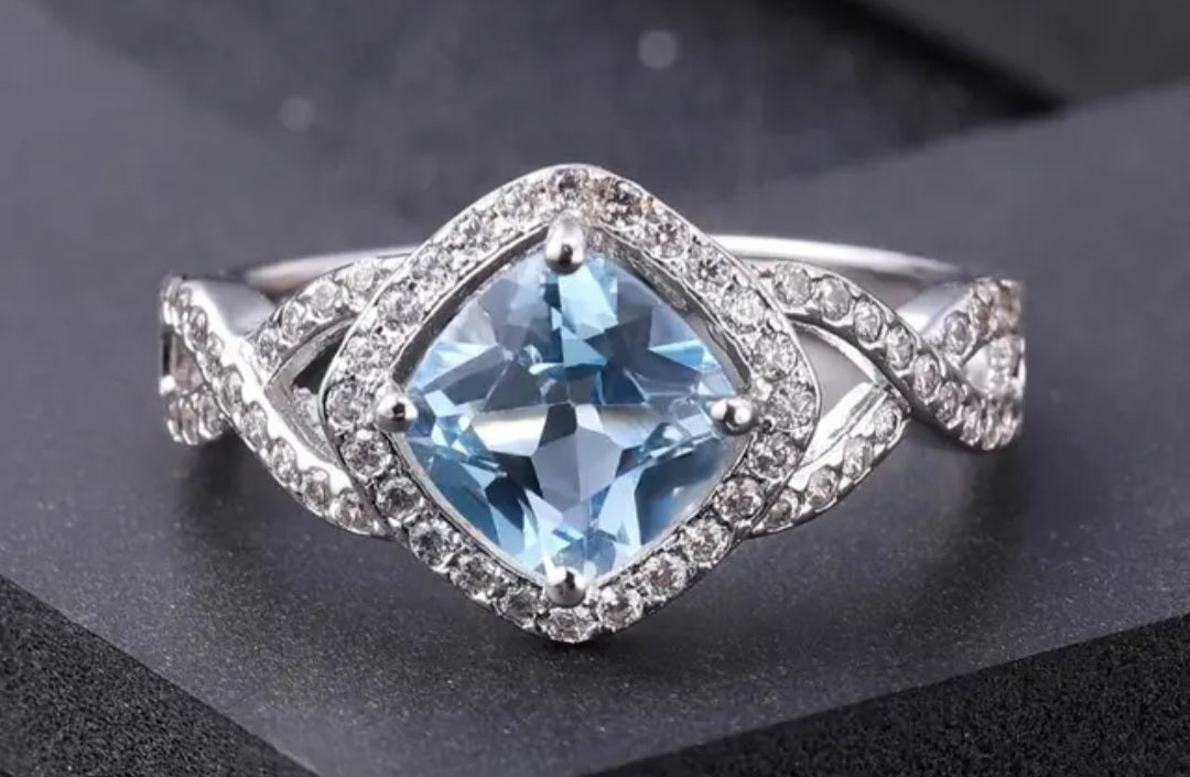 Shiny Sky Blue Topaz Gemstone Ring CZ Diamond Sterling Silver image 3