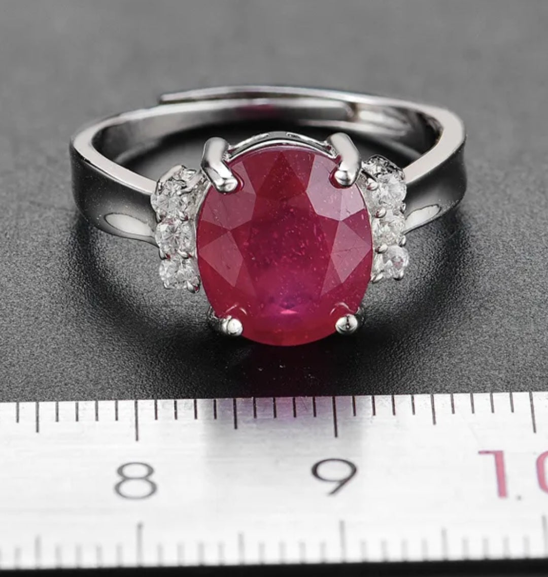 Natural Ruby Gemstone Oval Ring Adjustable Diamond Accents Sterling Silver image 2