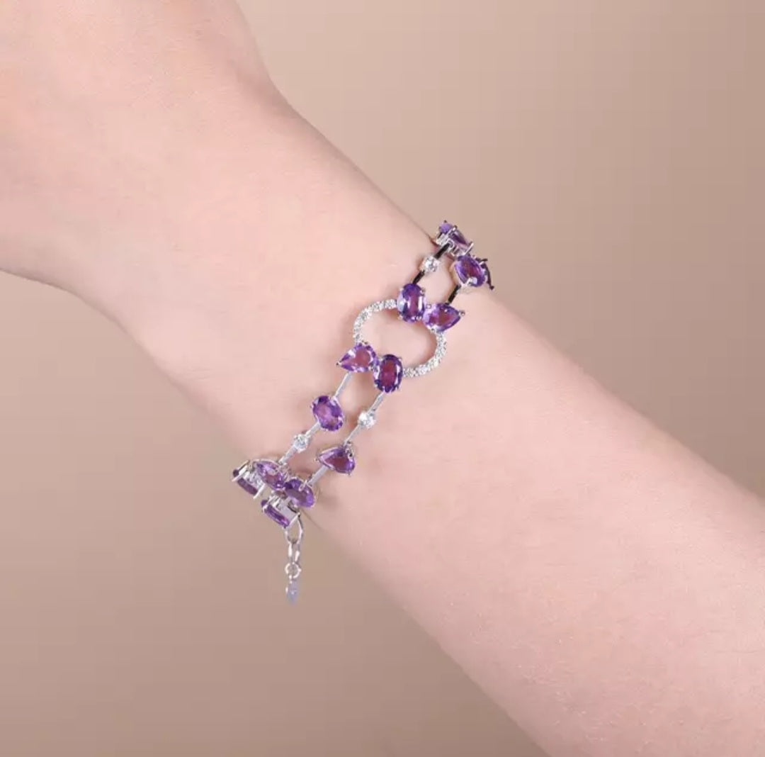 Sterling Silver Natural Amethyst, Sky Blue Topaz Gemstone Bracelet  image 6