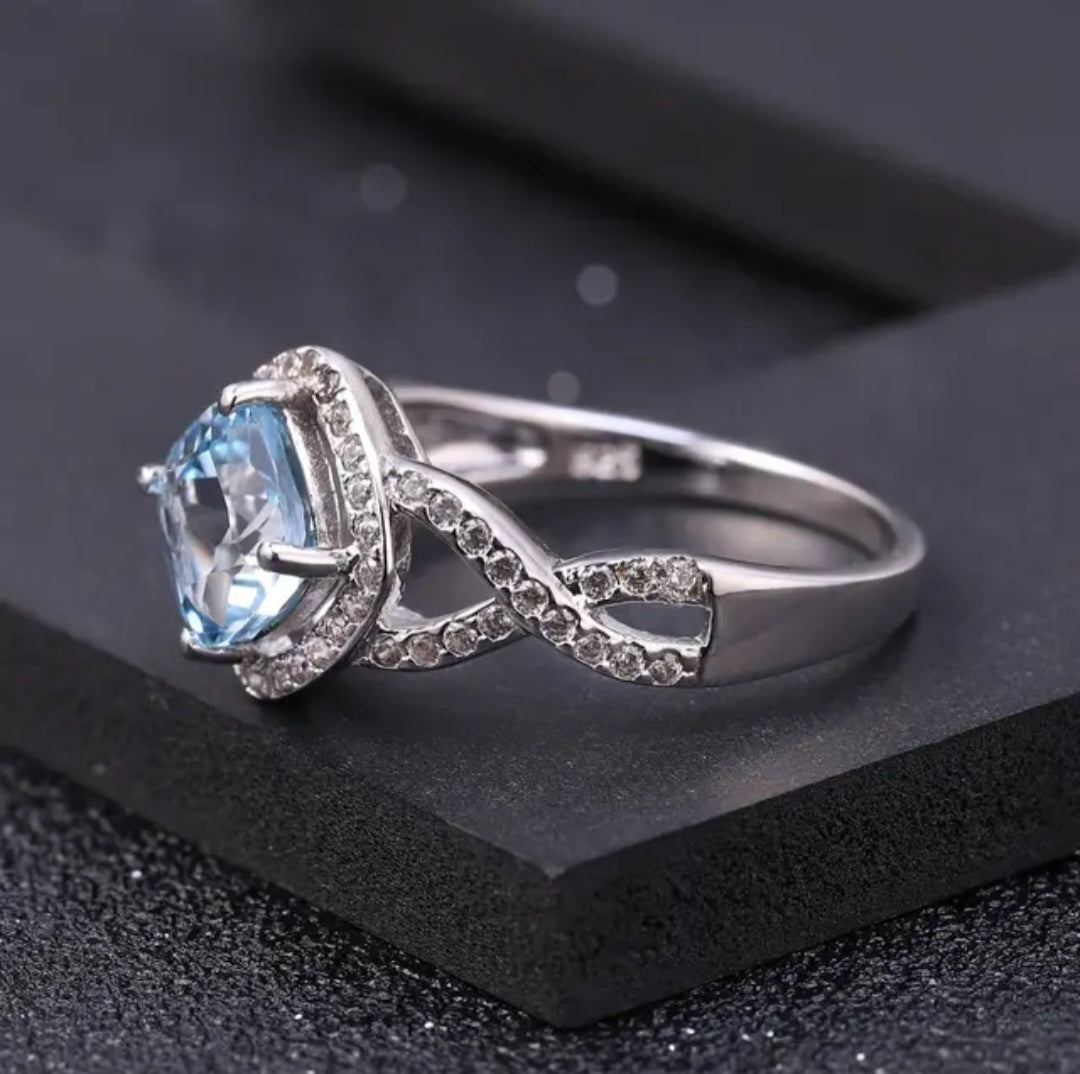 Shiny Sky Blue Topaz Gemstone Ring CZ Diamond Sterling Silver image 1