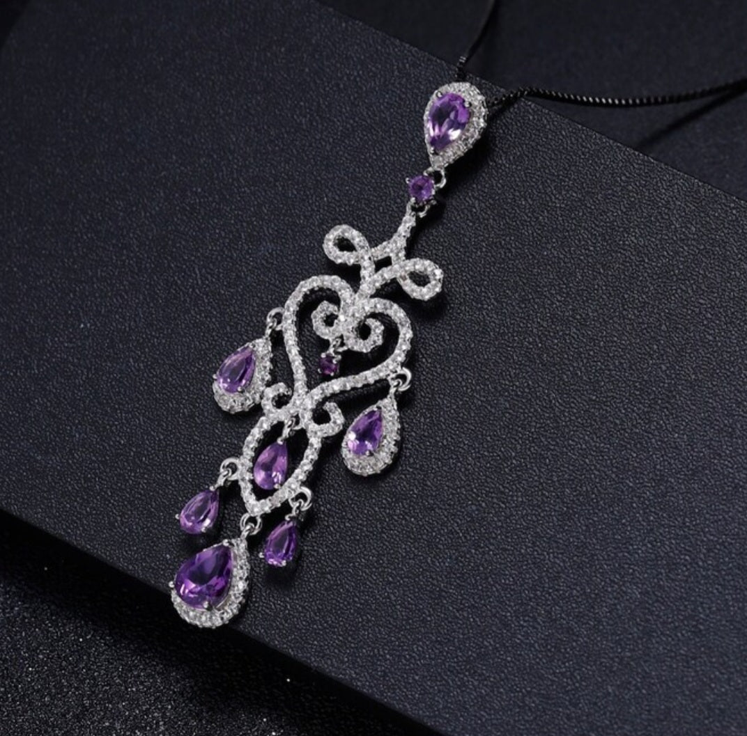 Vintaged Style Wedding Amethyst Drop Hollow Chandelier Filigree Necklace  image 2