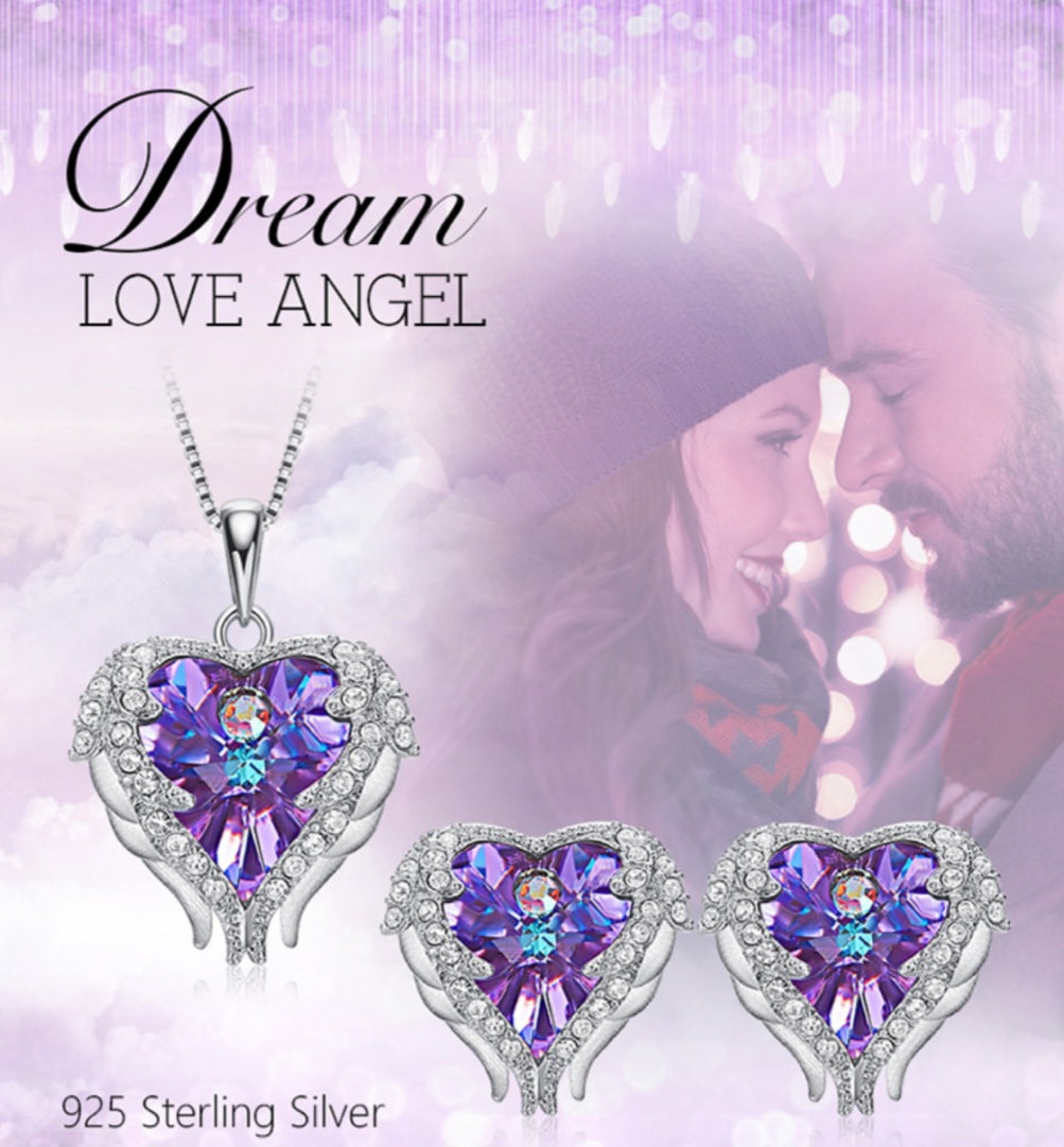 Angel Wing Heart Necklaces Earrings White Gold Mothers Day Gift Jewelry Set image 2