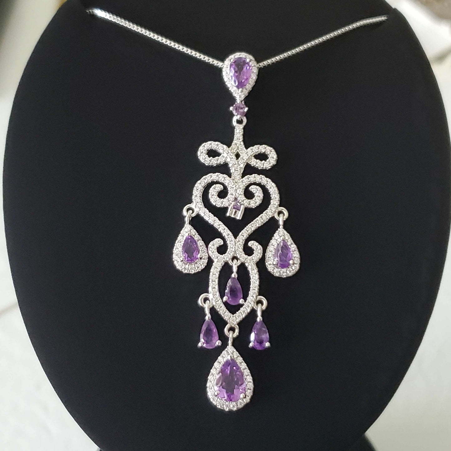 Vintaged Style Wedding Amethyst Drop Hollow Chandelier Filigree Necklace  image 1