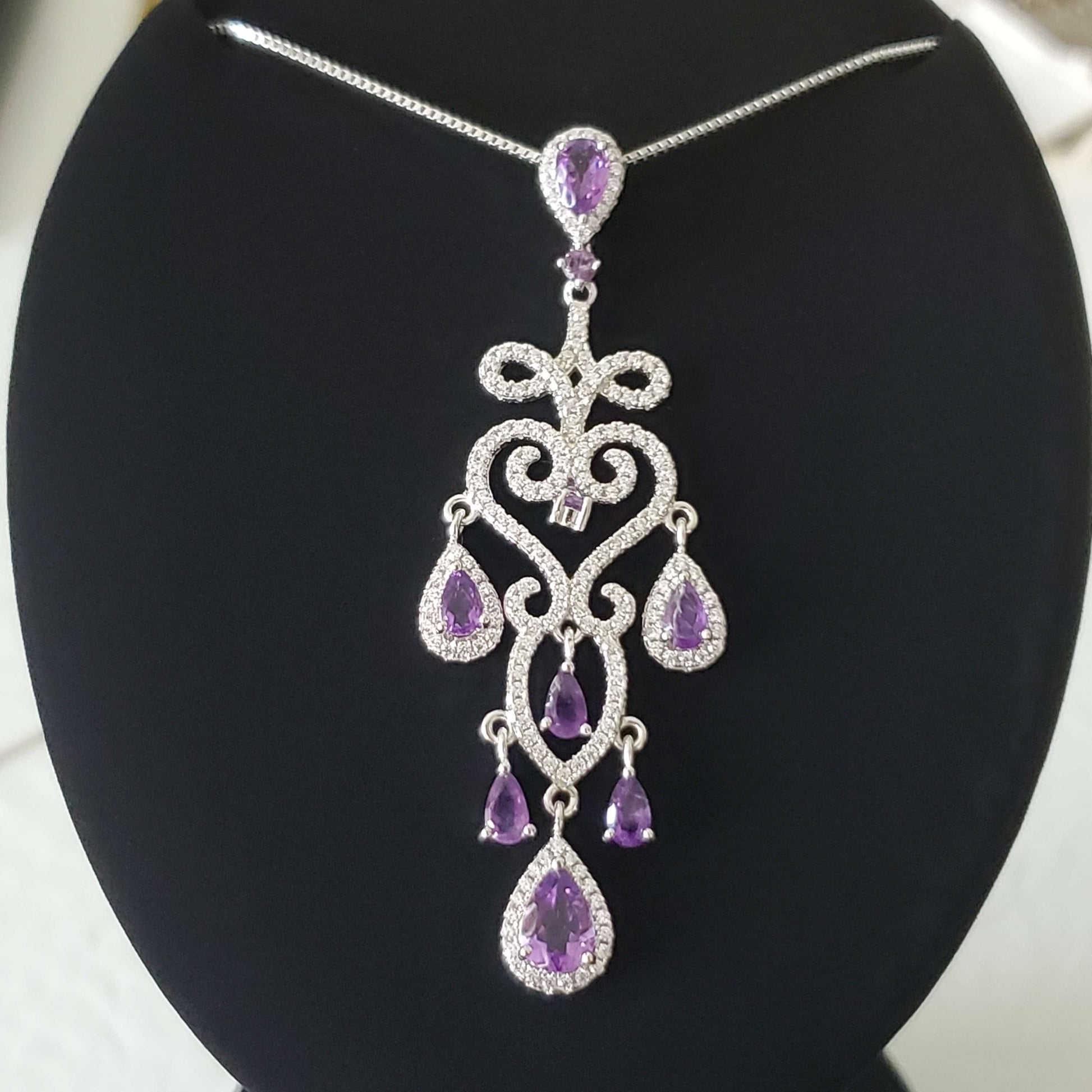 Vintaged Style Wedding Amethyst Drop Hollow Chandelier Filigree Necklace  image 1