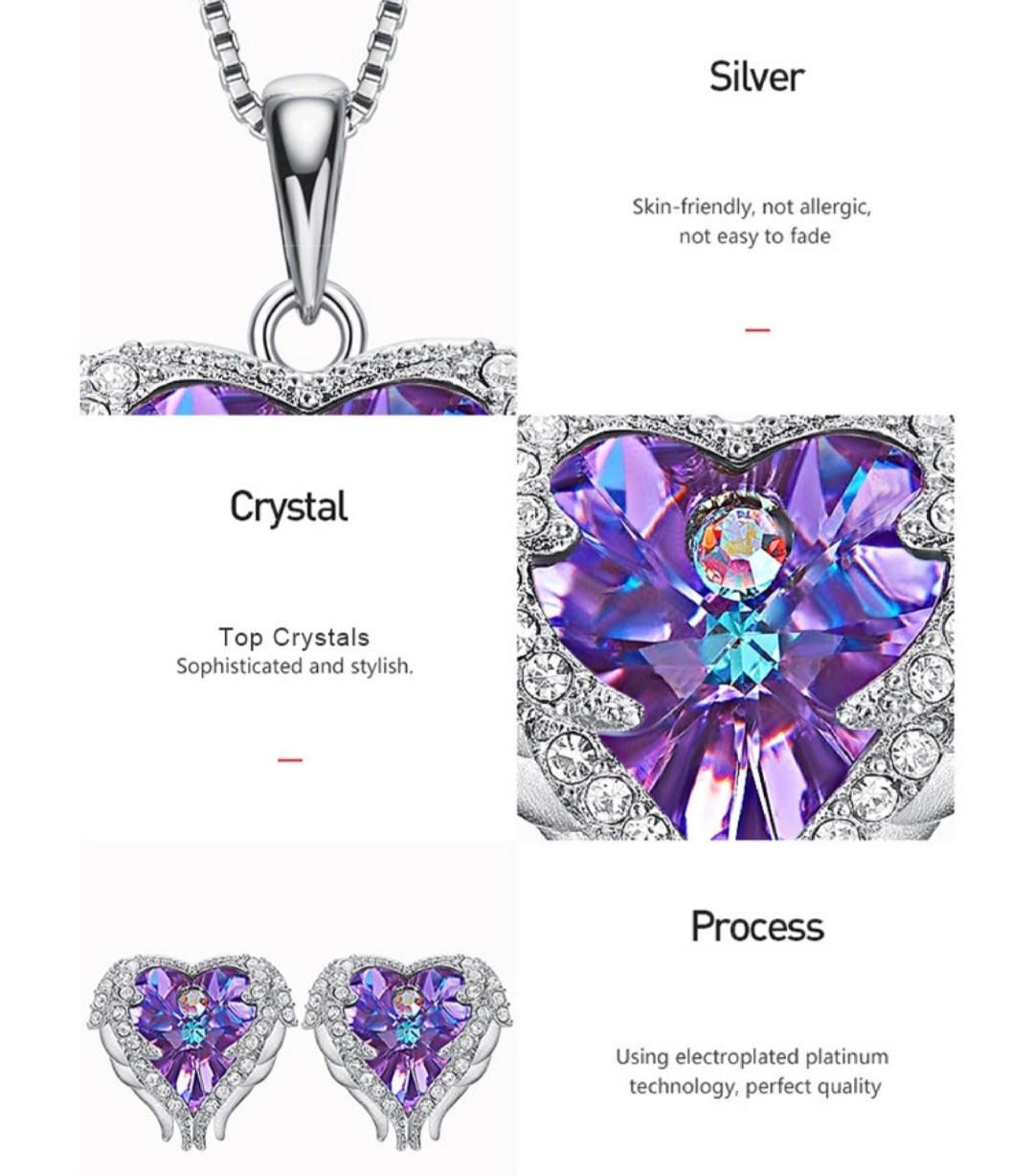 Angel Wing Heart Necklaces Earrings White Gold Mothers Day Gift Jewelry Set image 1