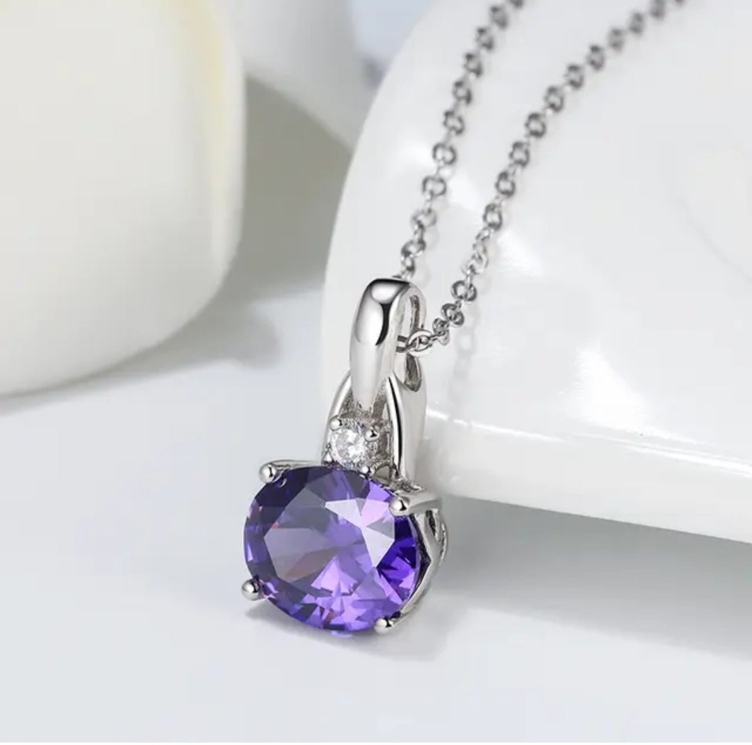 Natural Cz Oval Purple Pendant Necklace Jewelry Set Sterling Silver  image 1