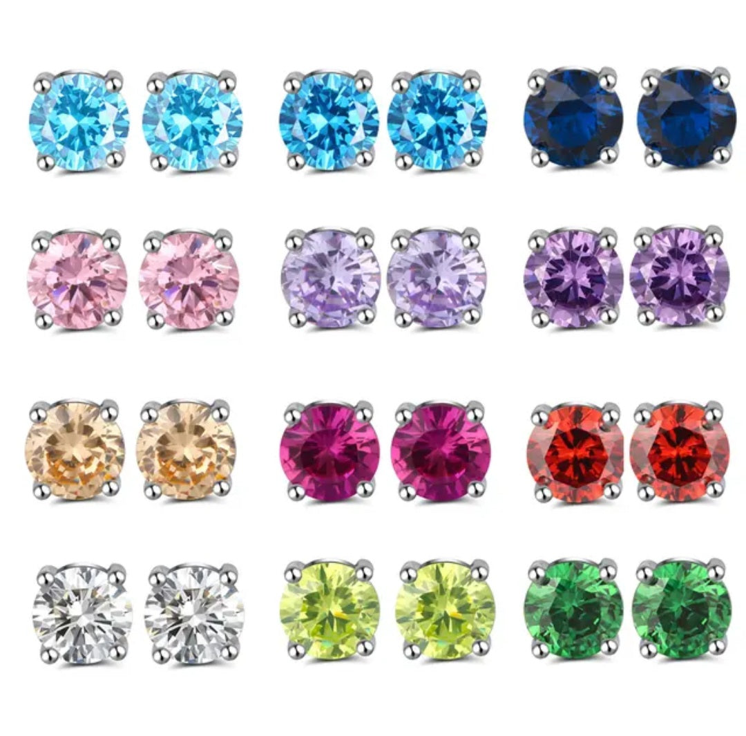 Sparkling Cubic Birthstone Stud Earrings Sterling Silver 