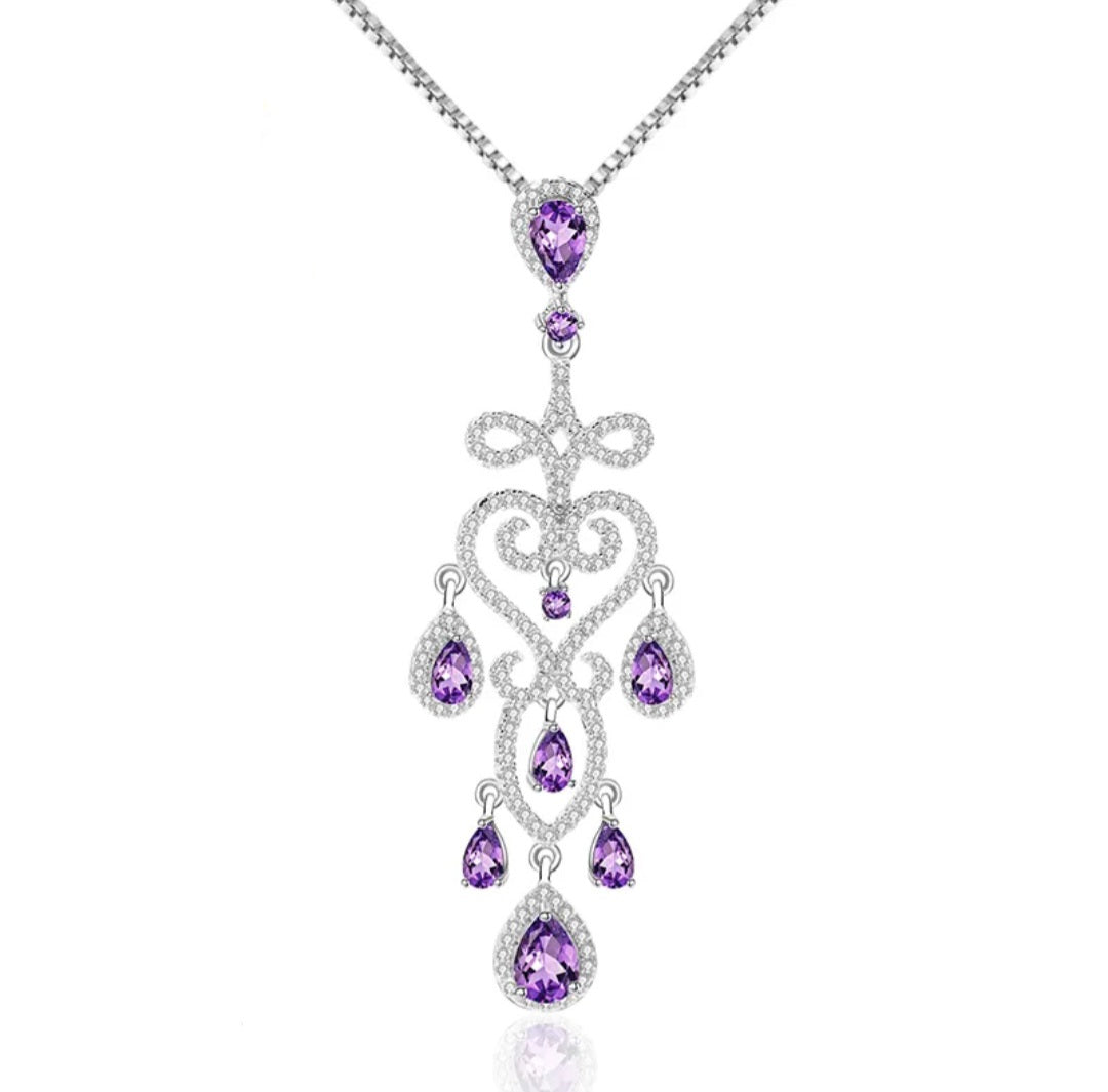 Vintaged Style Wedding Amethyst Drop Hollow Chandelier Filigree Necklace 