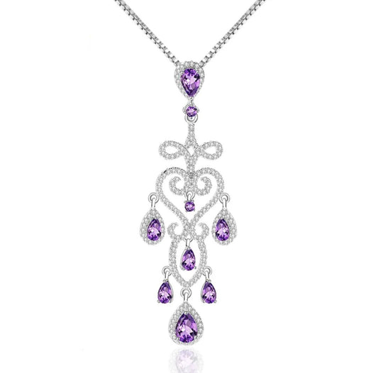 Vintaged Style Wedding Amethyst Drop Hollow Chandelier Filigree Necklace 