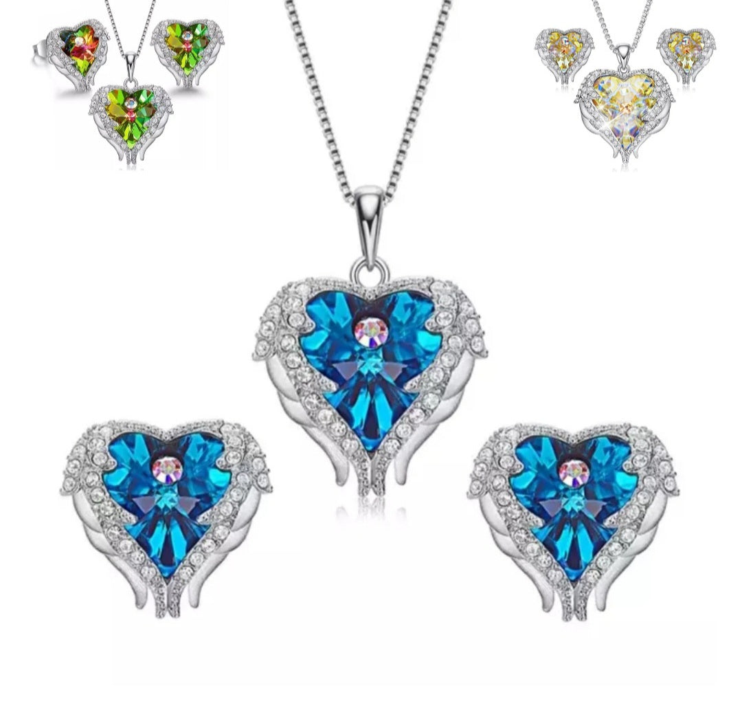 Angel Wing Heart Necklaces Earrings White Gold Mothers Day Gift Jewelry Set