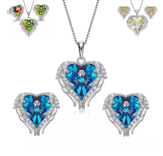 Angel Wing Heart Necklaces Earrings White Gold Mothers Day Gift Jewelry Set