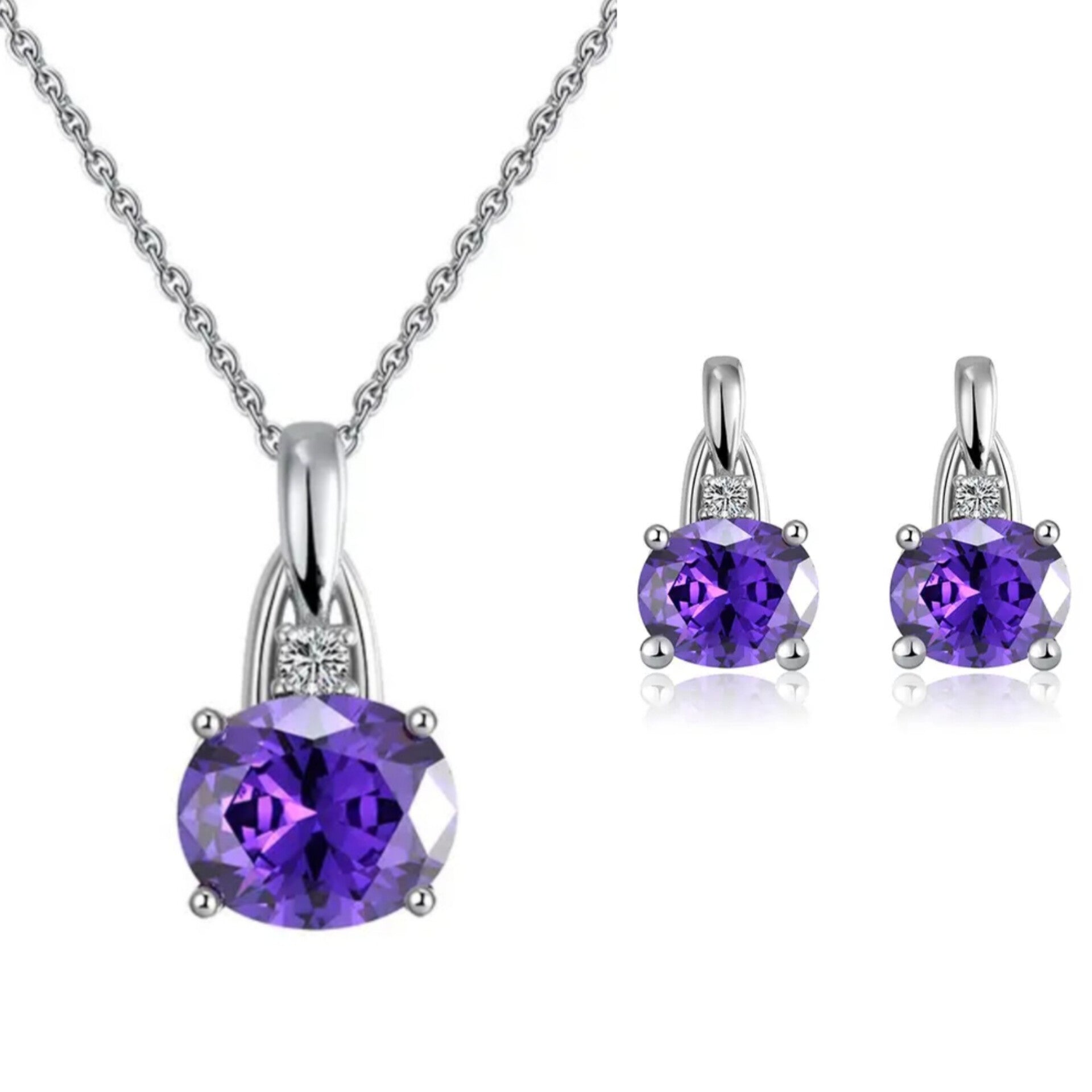 Natural Cz Oval Purple Pendant Necklace Jewelry Set Sterling Silver 