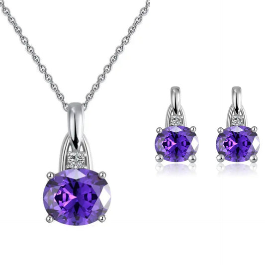 Natural Cz Oval Purple Pendant Necklace Jewelry Set Sterling Silver 