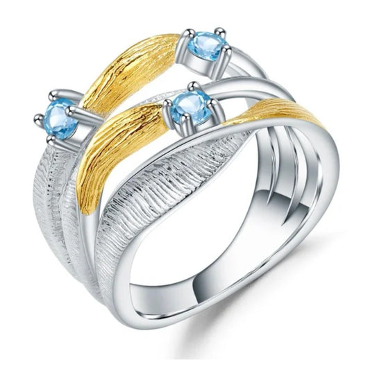 Natural Sparkling Swiss Blue Topaz Gemstone Ring Sterling Silver 