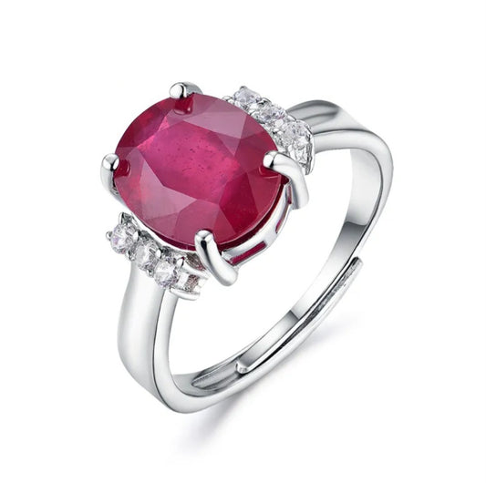 Natural Ruby Gemstone Oval Ring Adjustable Diamond Accents Sterling Silver