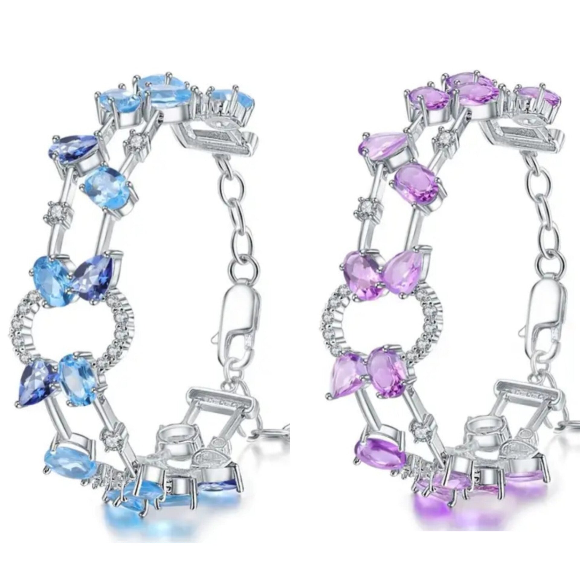 Sterling Silver Natural Amethyst, Sky Blue Topaz Gemstone Bracelet 