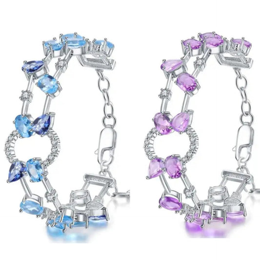 Sterling Silver Natural Amethyst, Sky Blue Topaz Gemstone Bracelet 