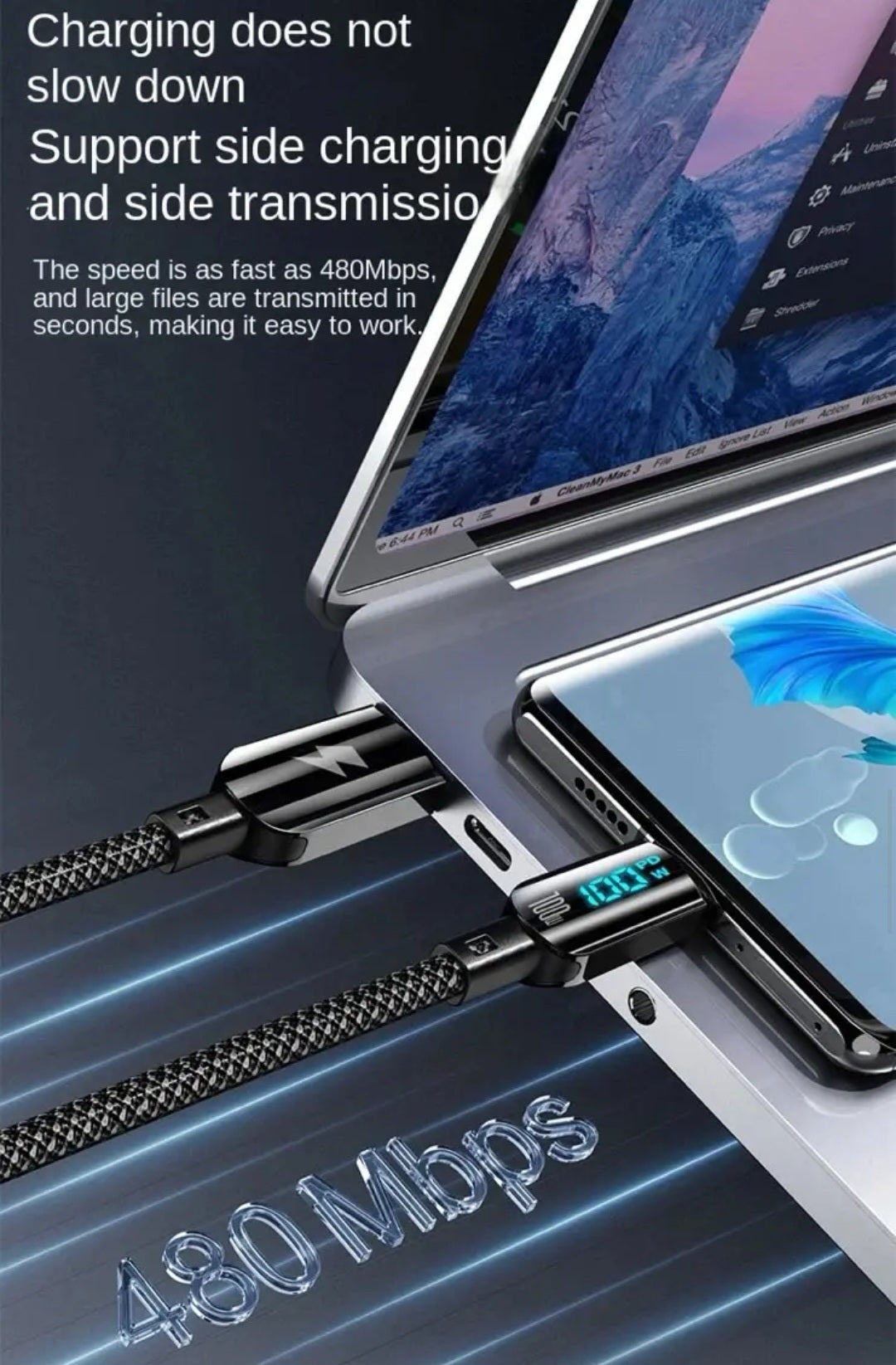 100W 5A Fast Charging USB Cable 3.94ft  with Led Display Data Cable Type C