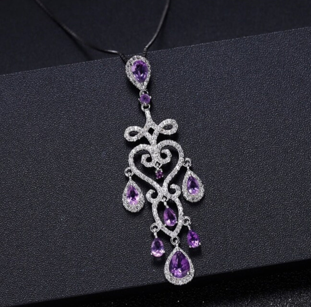Vintaged Style Wedding Amethyst Drop Hollow Chandelier Filigree Necklace  image 3
