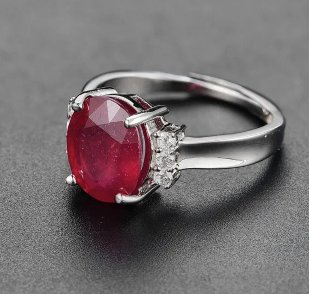 Natural Ruby Gemstone Oval Ring Adjustable Diamond Accents Sterling Silver image 1