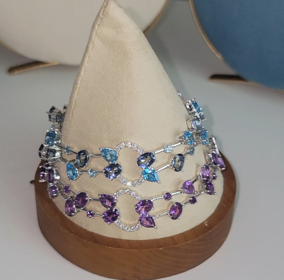 Sterling Silver Natural Amethyst, Sky Blue Topaz Gemstone Bracelet  image 2