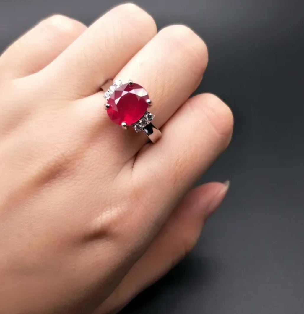 Natural Ruby Gemstone Oval Ring Adjustable Diamond Accents Sterling Silver image 3