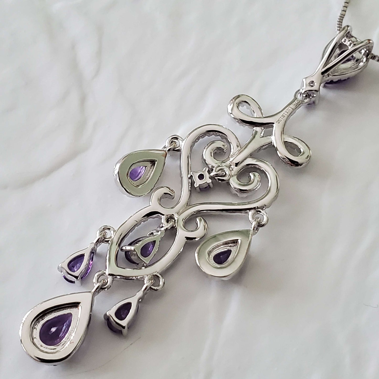Vintaged Style Wedding Amethyst Drop Hollow Chandelier Filigree Necklace  image 4
